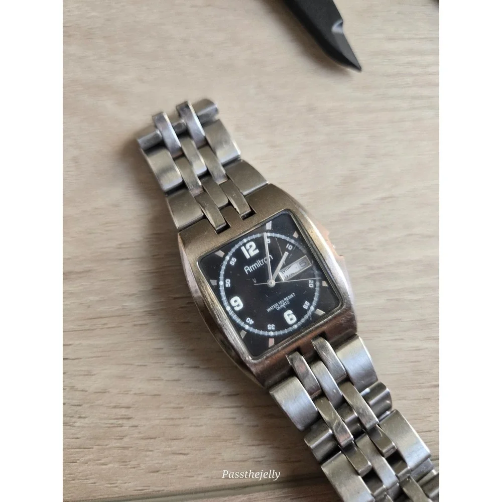 Armitron Watch Mens Quartz Black Dial Day Date Silver Tone Stainless Steel